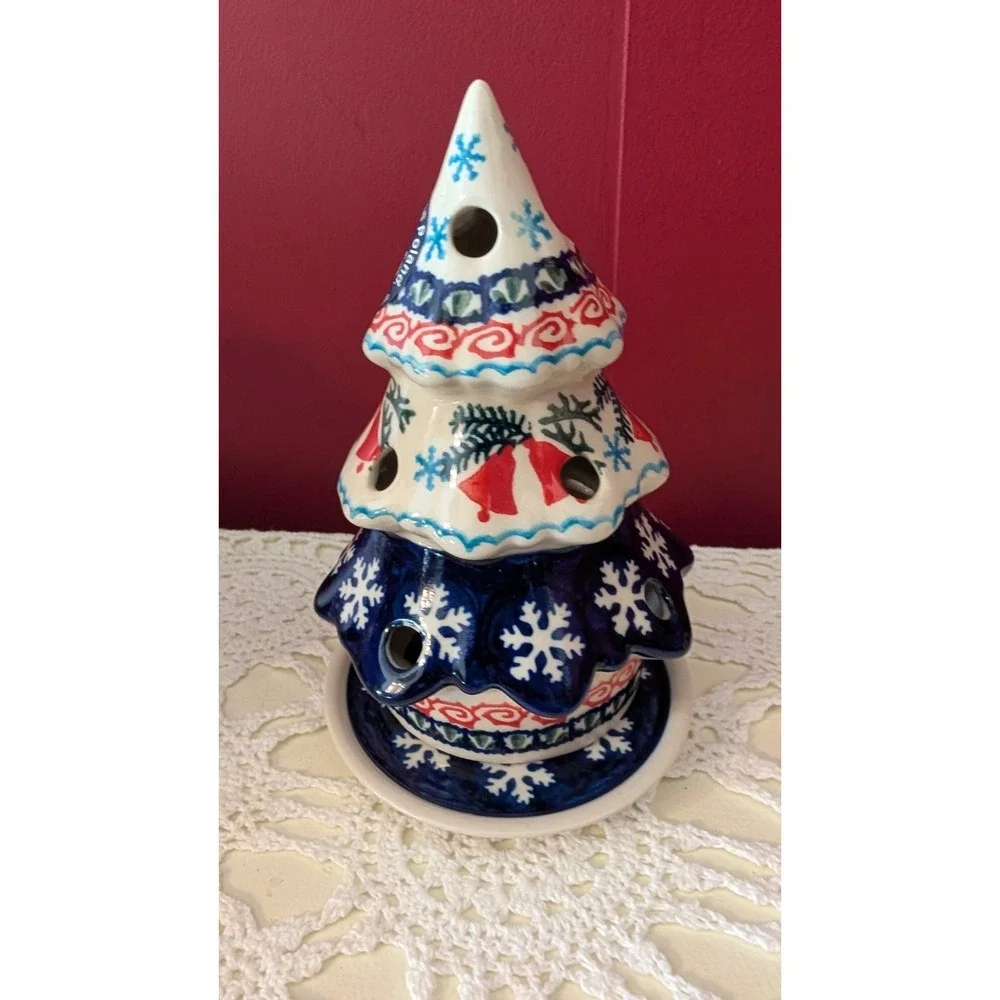 Ceramika Boleslawiec Polish Pottery Christmas Tree Luminary Unikat Signed 6